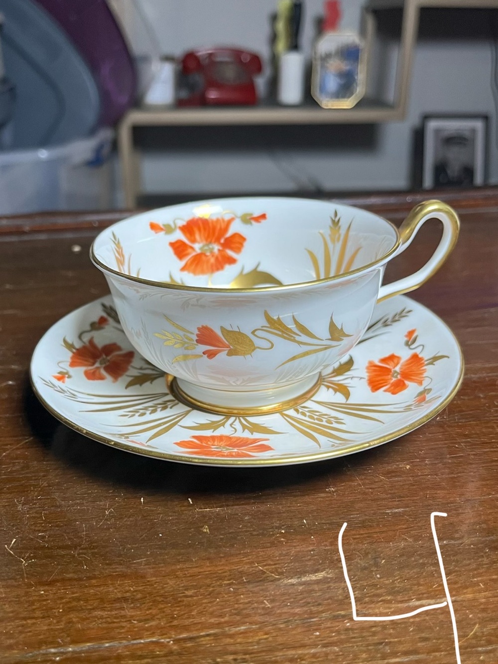 Fine Bone China Teacup & Saucer Set in White with Orange Floral and Gold Trim